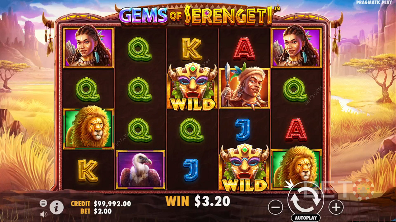 Nyt den vakre grafikken og det vakre temaet i spilleautomaten Gems of Serengeti.