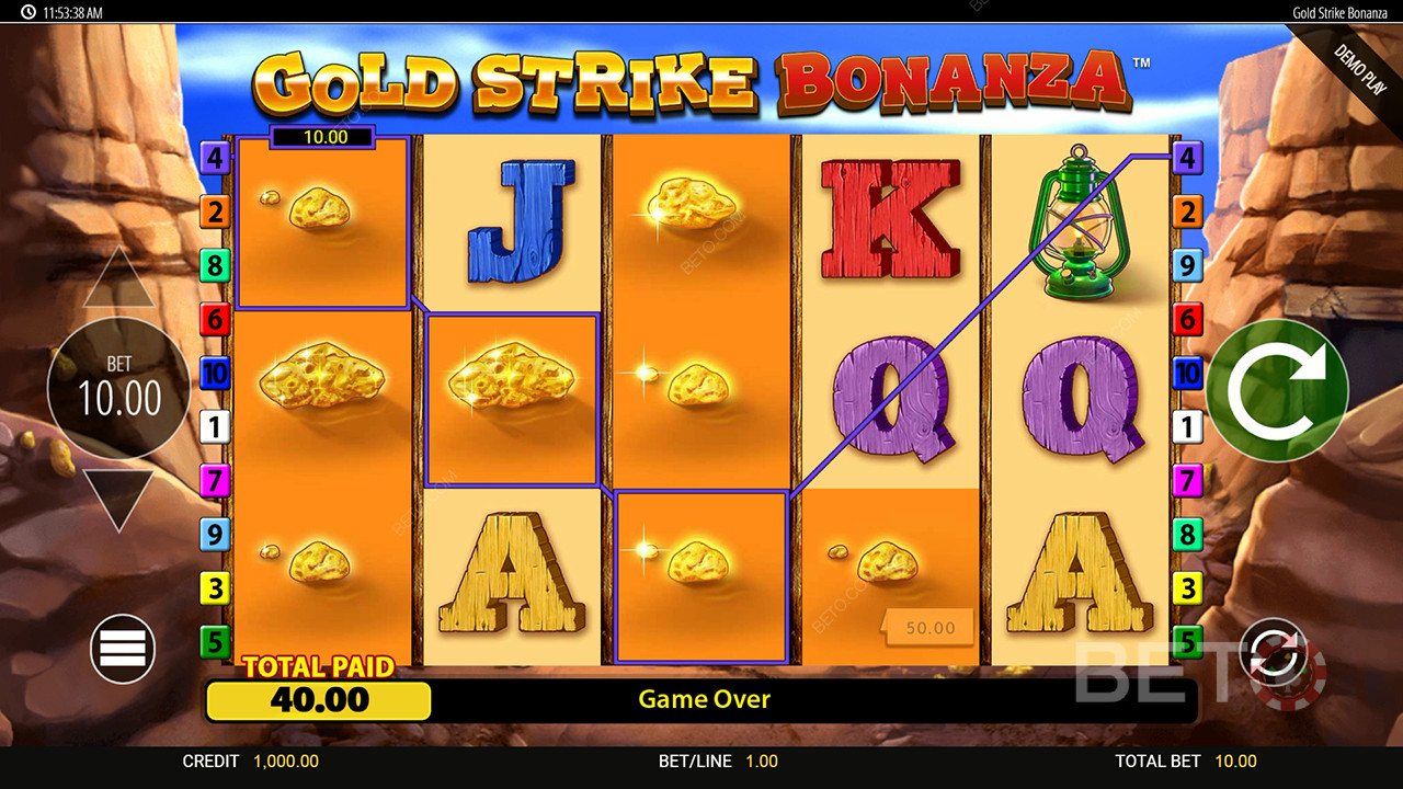 Vinn 2 500 ganger innsatsen din i spilleautomaten Gold Strike Bonanza Fortune Play!